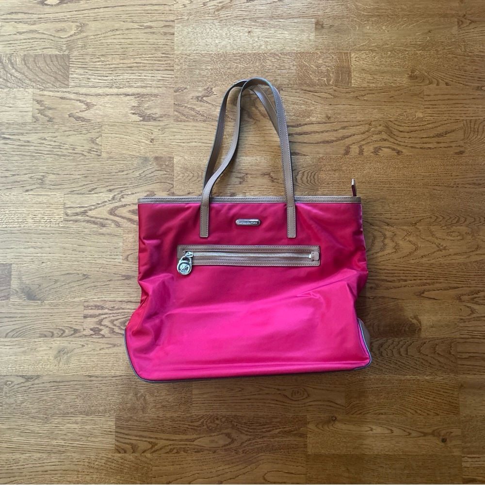 Michael Kors Kempton Red Nylon Brown Leather Tote Pocket Hand Shoulder Bag Zip